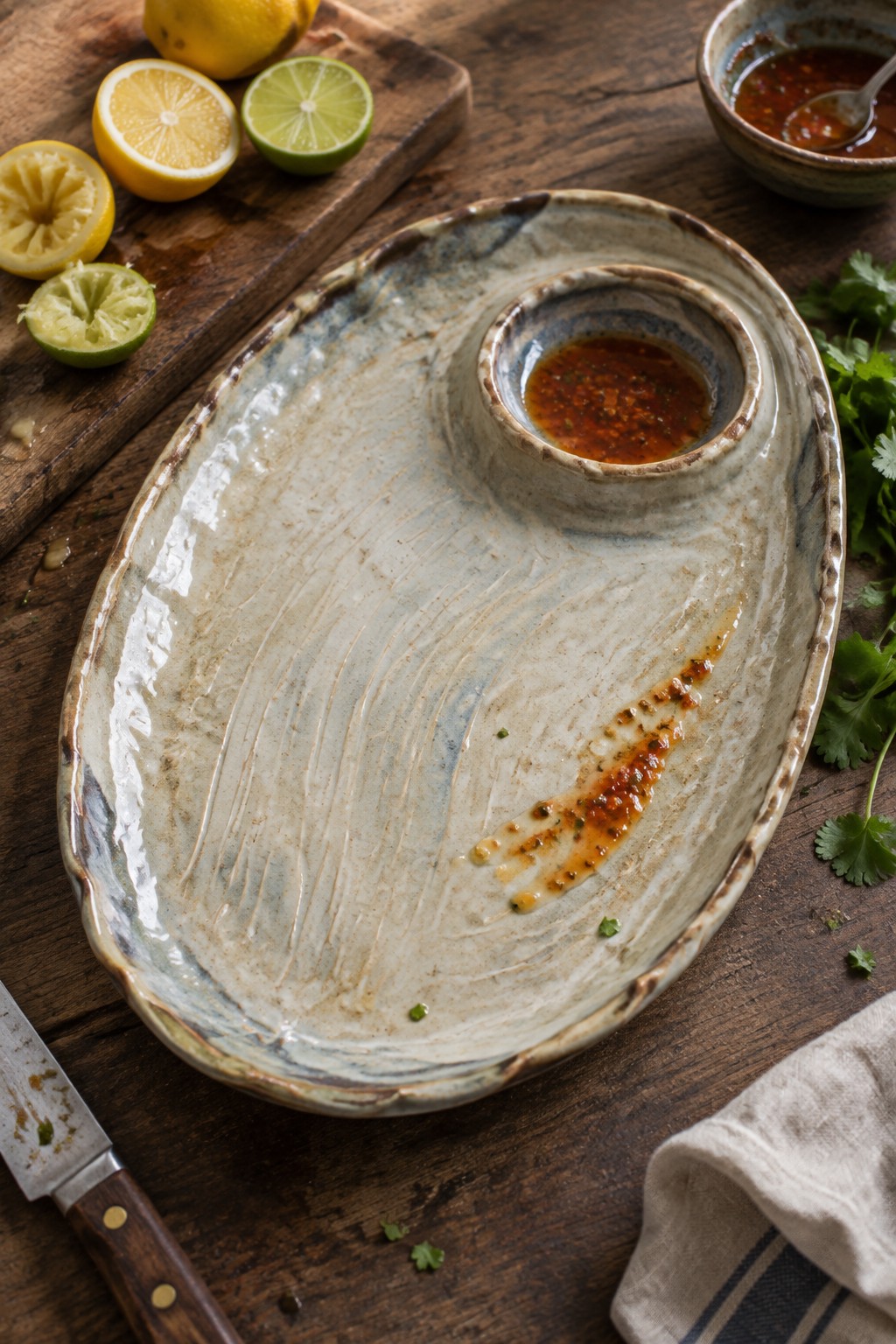 An oval ceramic platter with a small integrated bowl containing reddish sauce sits on a wooden table surrounded by lemons, limes, cilantro, and a knife.
