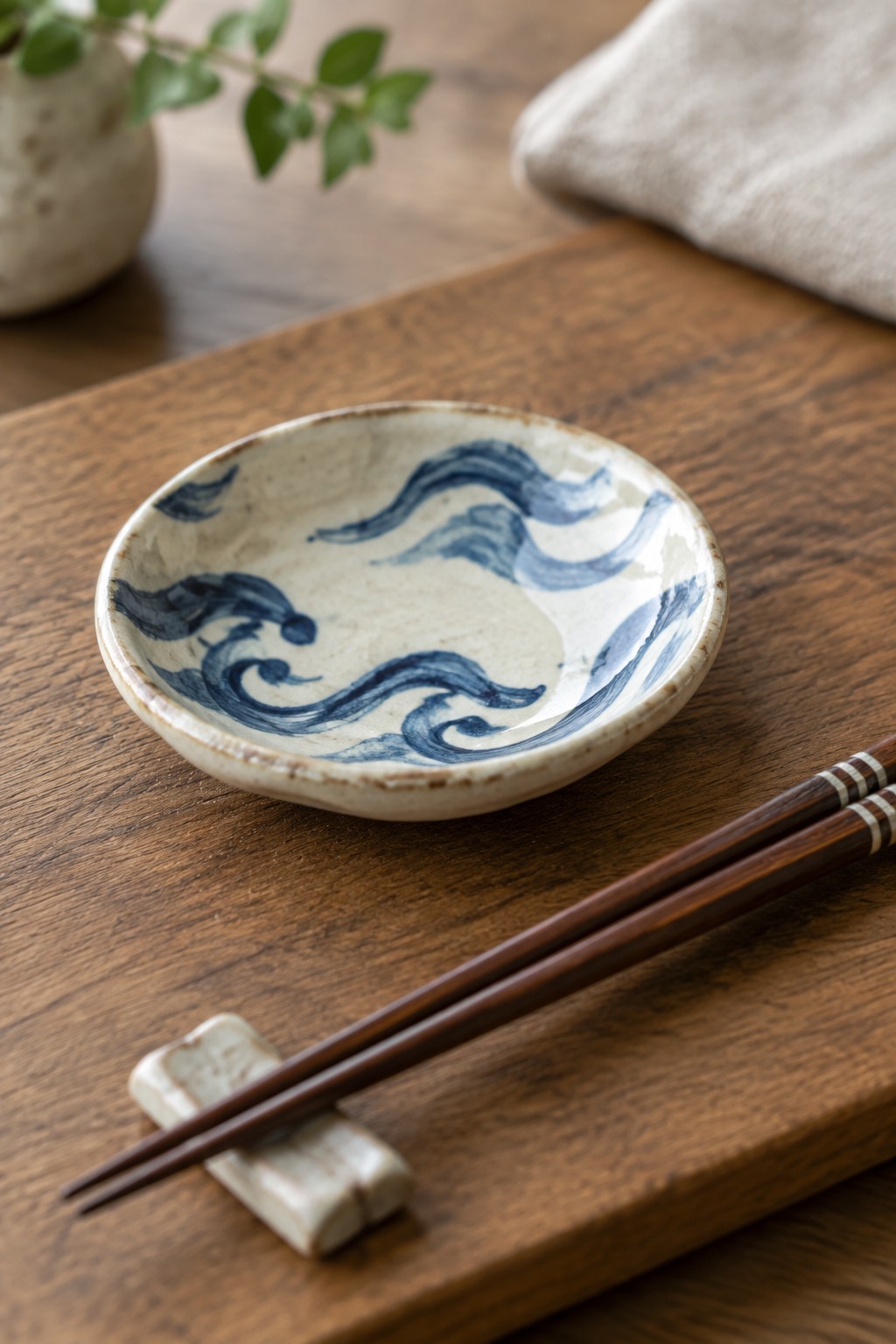 Ceramic dish with blue waves beside chopsticks on wooden board with plant.