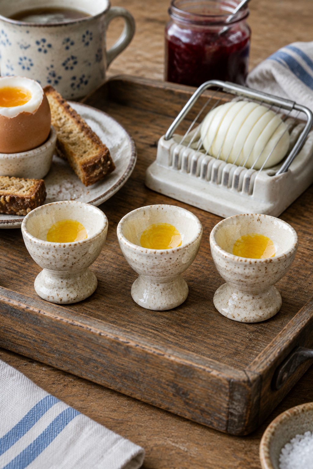 Three speckled ceramic egg cups with runny yolks on rustic wooden tray