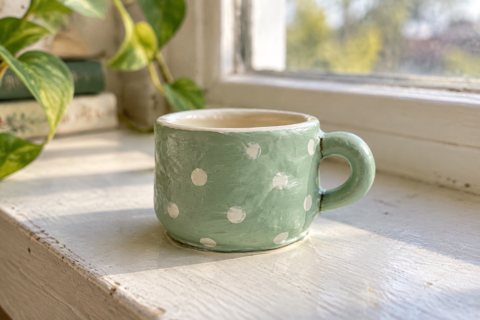 Light green polka-dotted ceramic mug on a sunlit white windowsill.