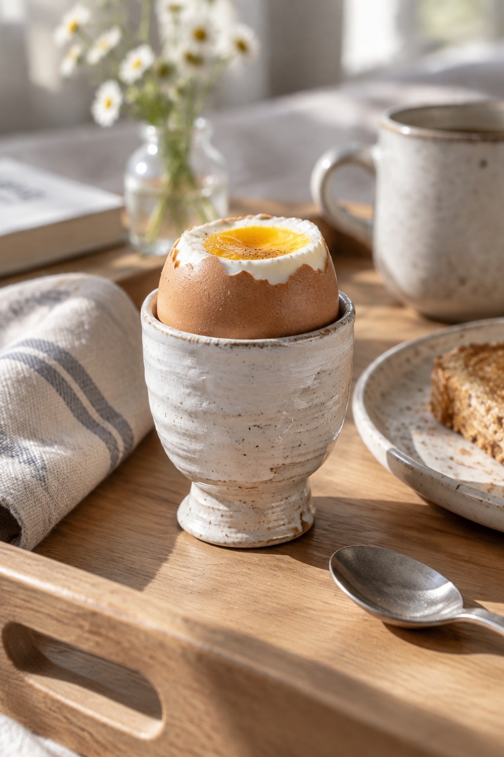 Soft-boiled egg in speckled ceramic cup on wooden tray with toast and spoon