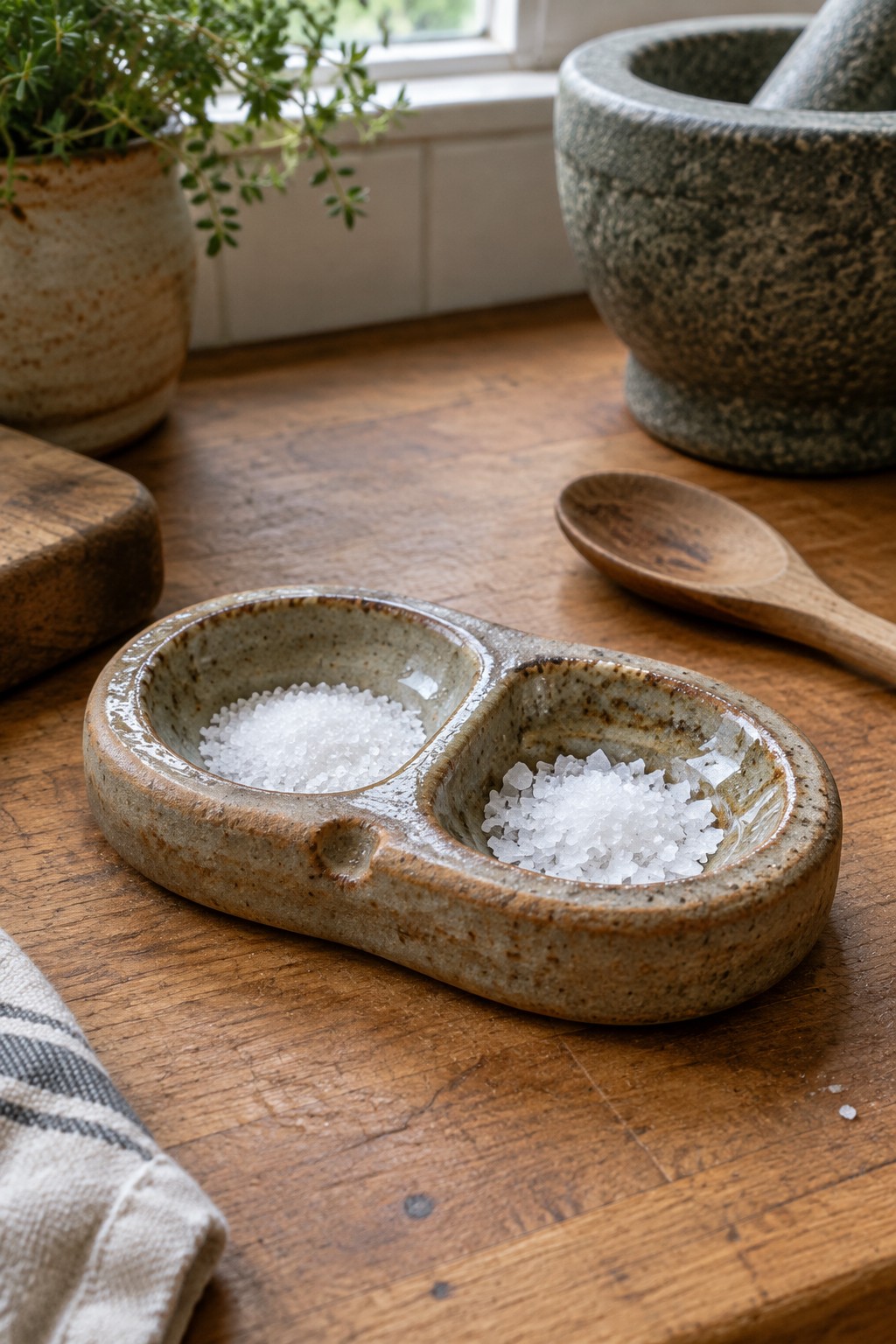 Speckled ceramic two-compartment dish with fine and coarse white salt on wood