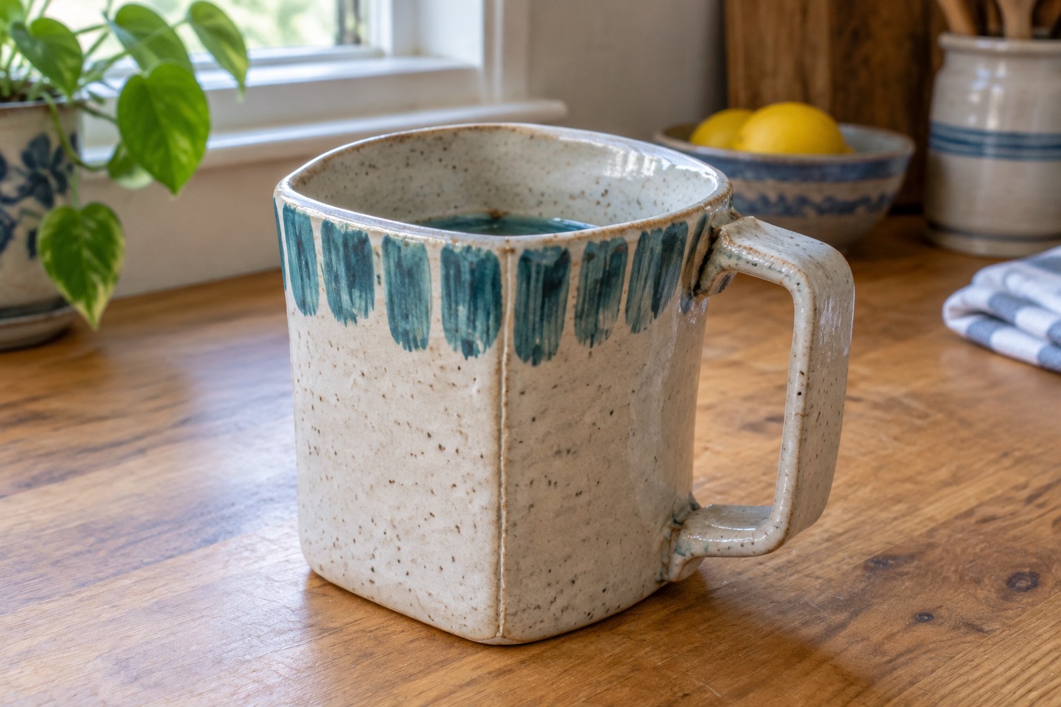 Speckled ceramic mug with green brushstrokes and handle on wooden table