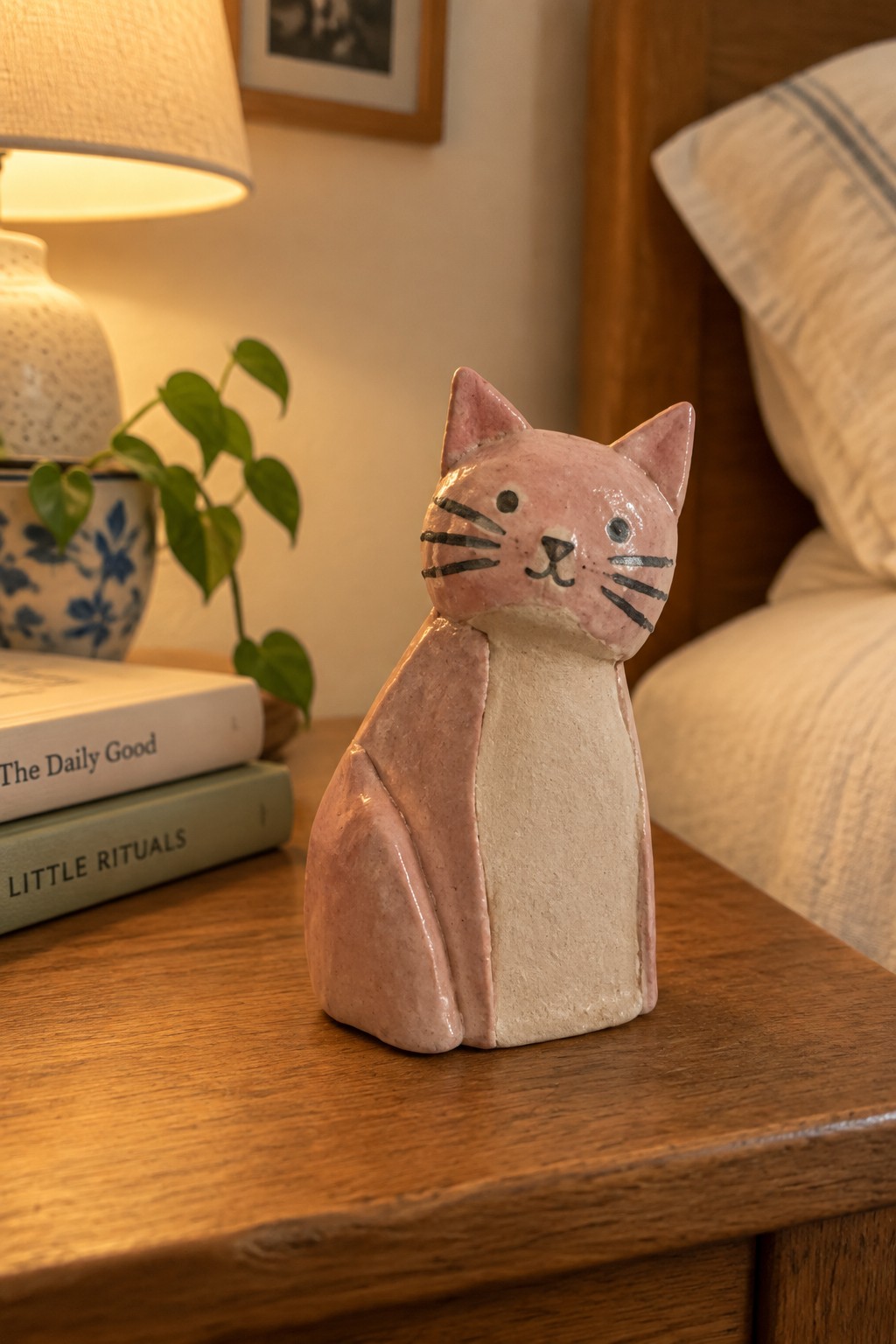 Pink ceramic cat figurine on wooden nightstand beside books and lamp