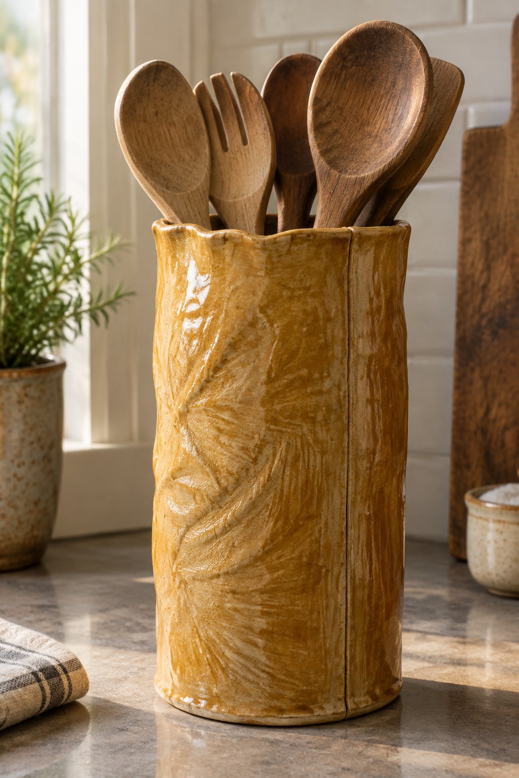 Yellow ceramic crock with embossed leaves holding wooden spoons on counter