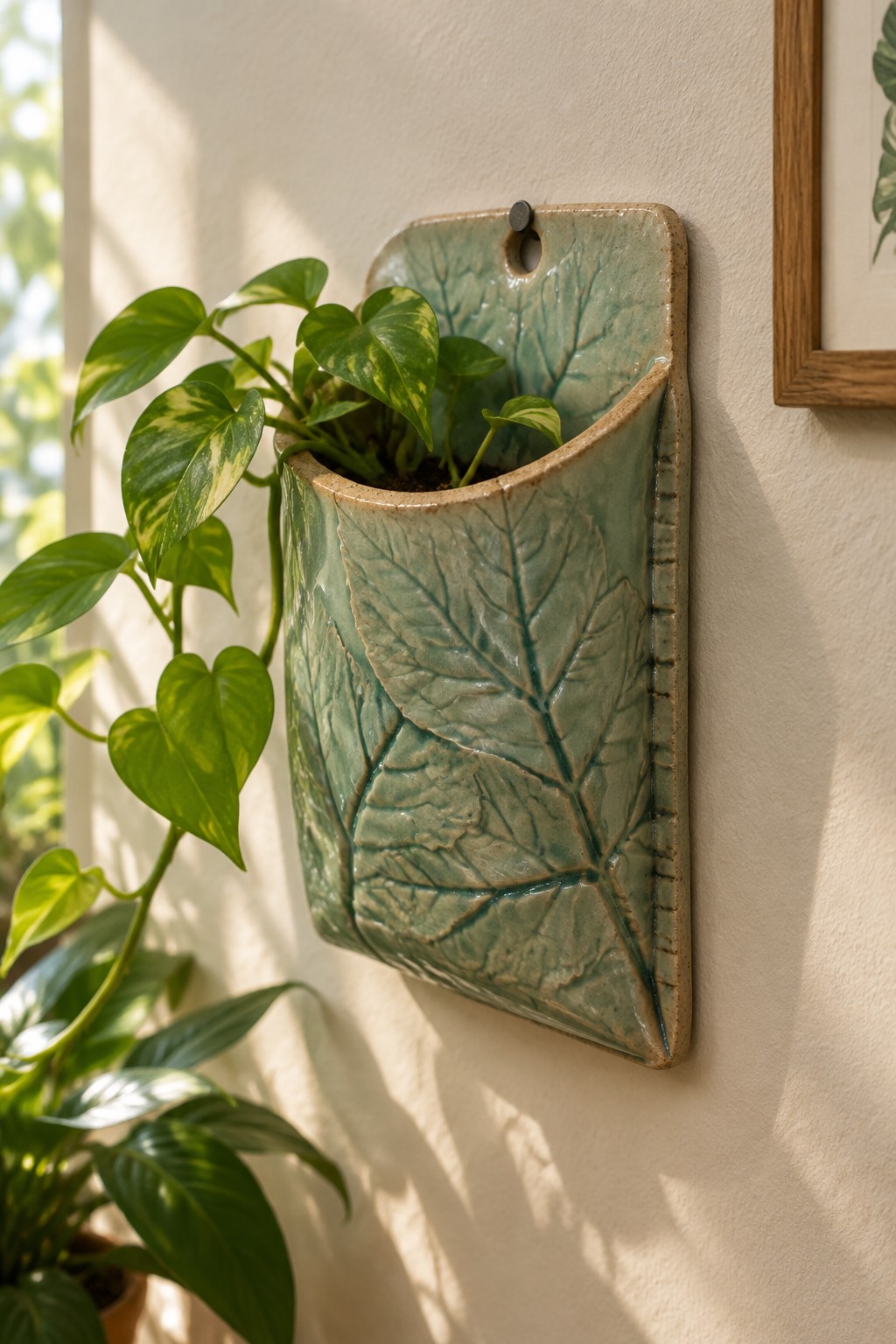 Green ceramic leaf-embossed wall planter holding variegated pothos plant in sunlight
