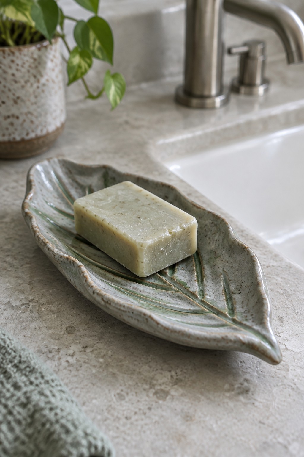 Pale green soap bar on a leaf-shaped ceramic dish on marble counter