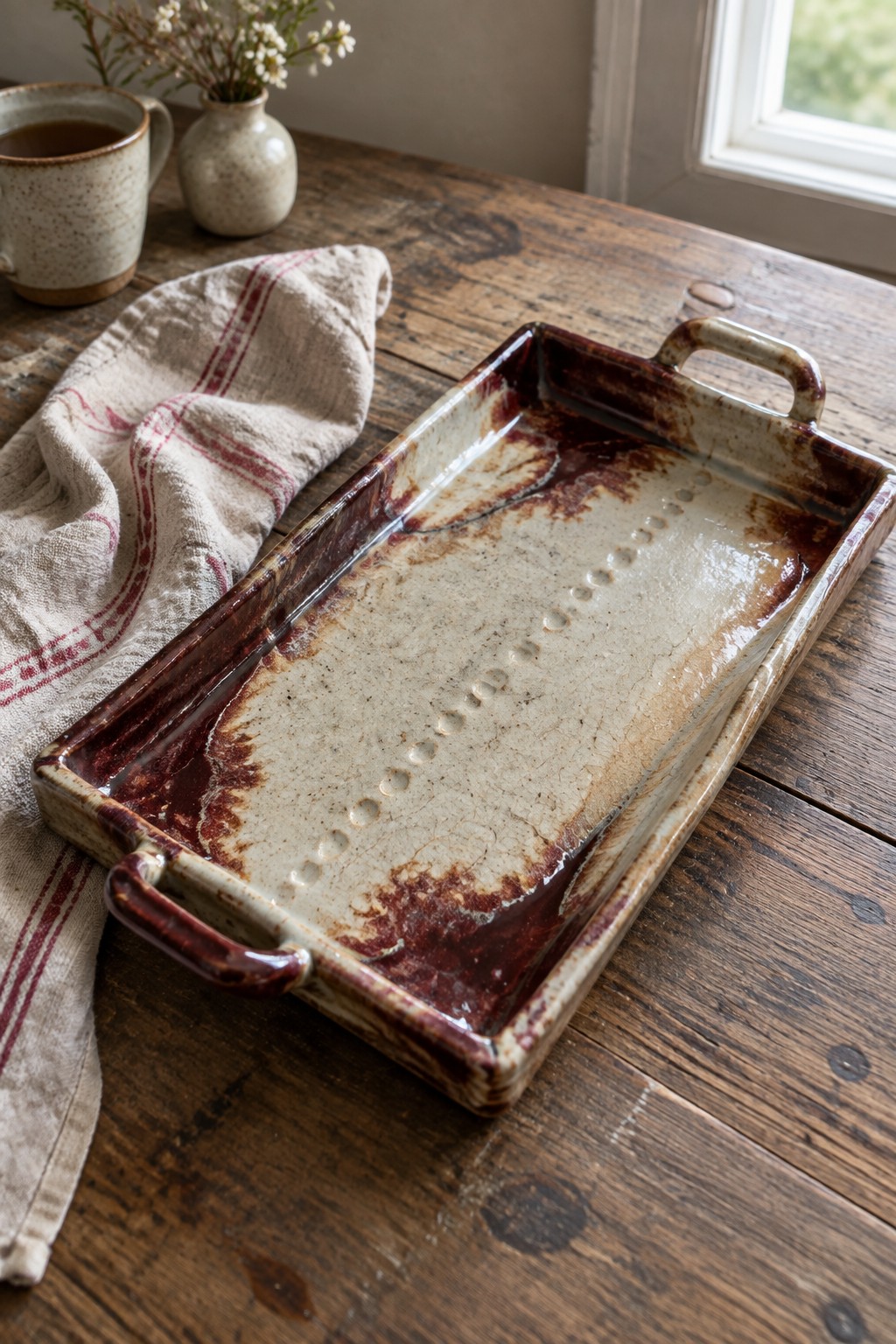 Rustic ceramic tray with handles on wooden table beside striped cloth and mug