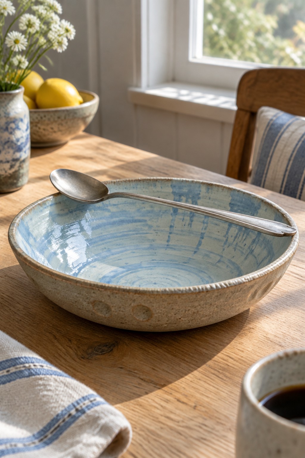 Blue ceramic bowl with spoon on wooden table beside coffee cup and napkin