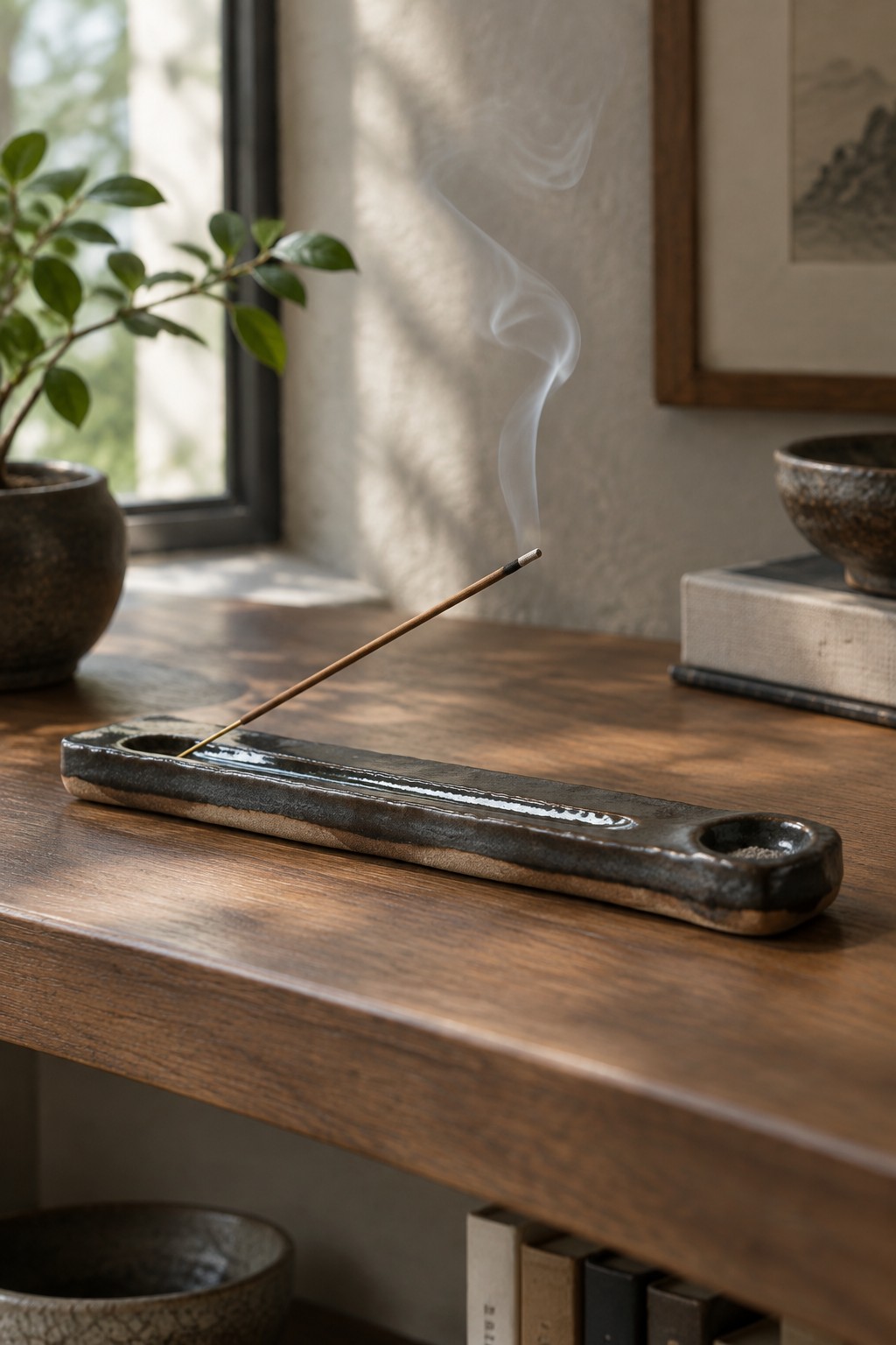 Burning incense stick in dark ceramic holder on wooden table with rising smoke