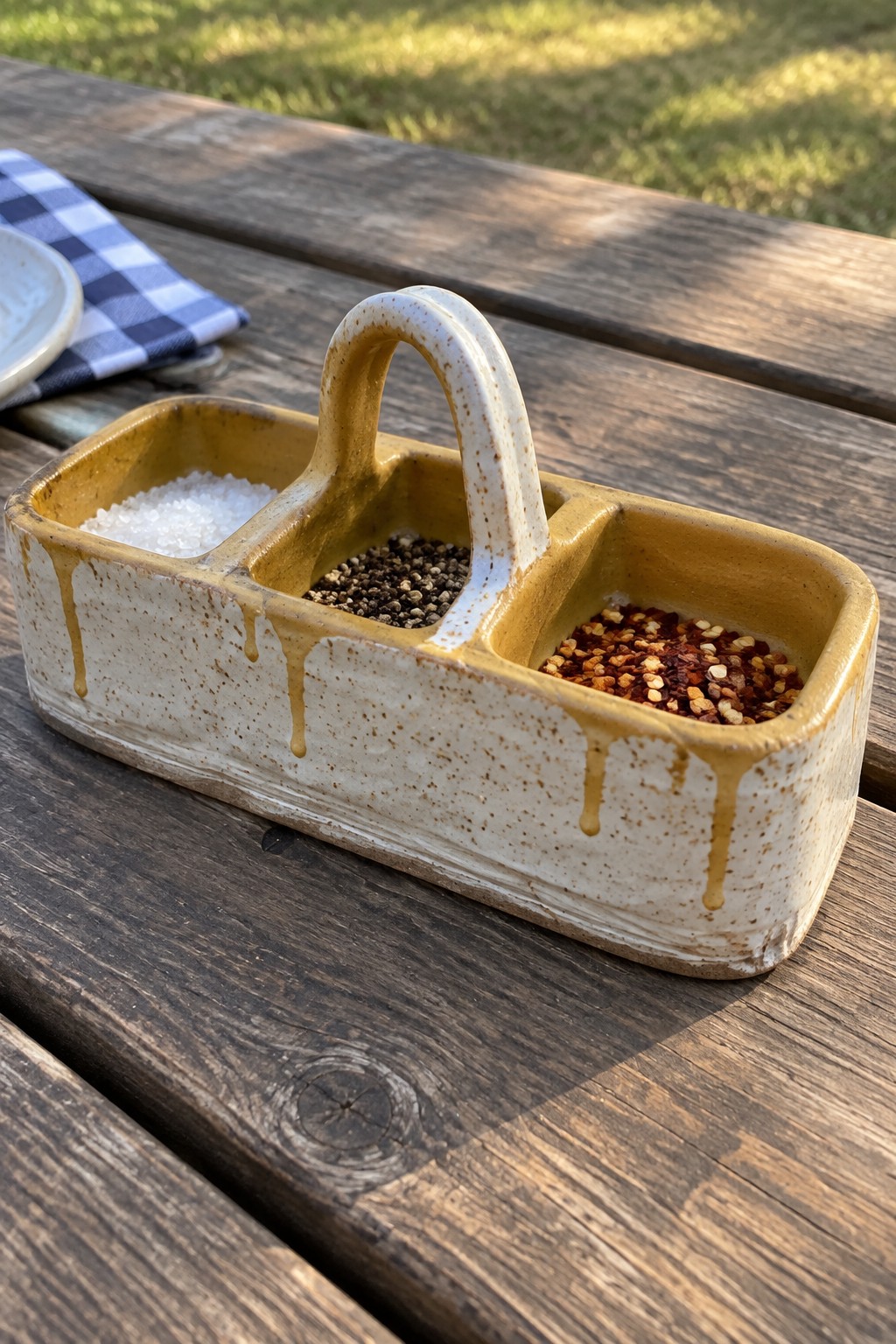 A rectangular ceramic tray with three compartments holding salt, pepper, and red pepper flakes, featuring a central arched handle and a speckled yellow-brown glaze, sitting on a wooden table.