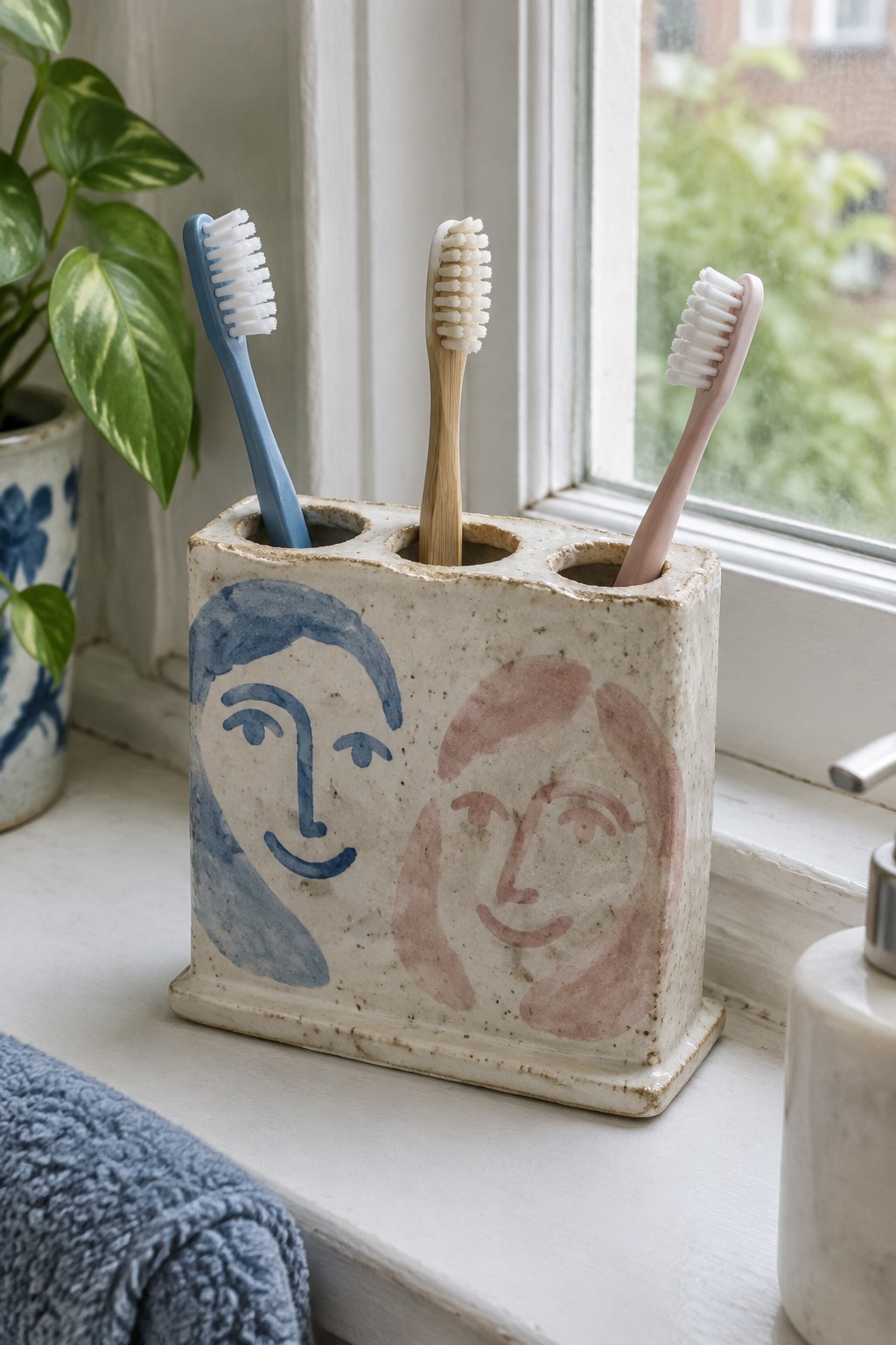 Ceramic holder with blue and pink face drawings holding three colorful toothbrushes on windowsill