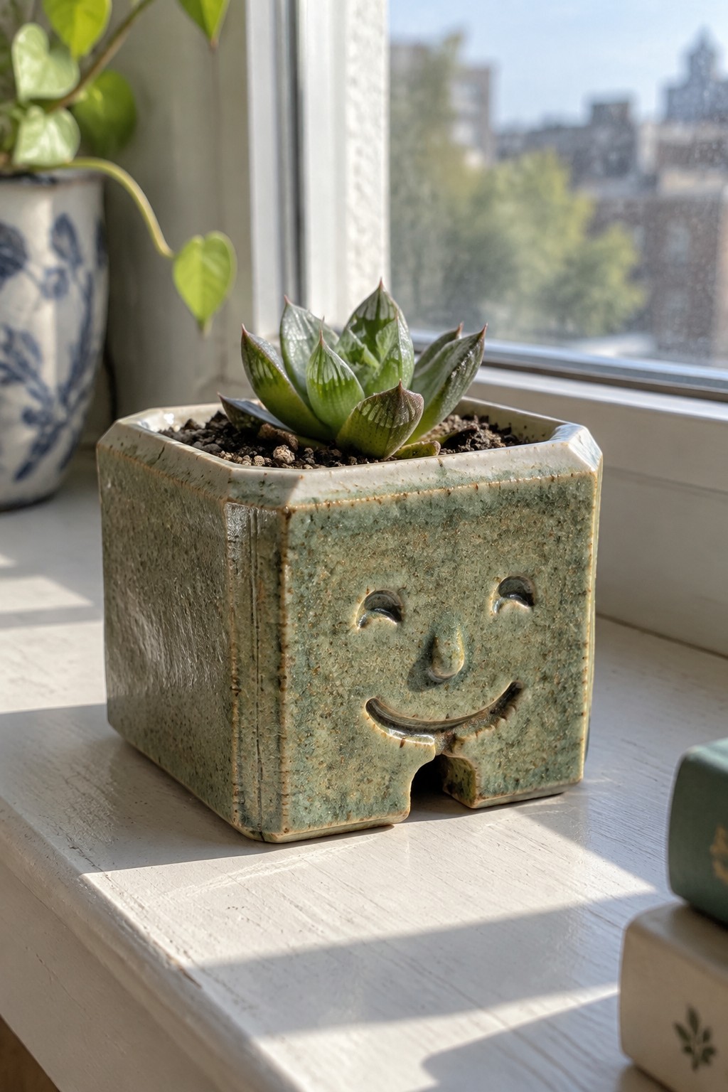 Succulent in smiling green ceramic face planter on sunny windowsill
