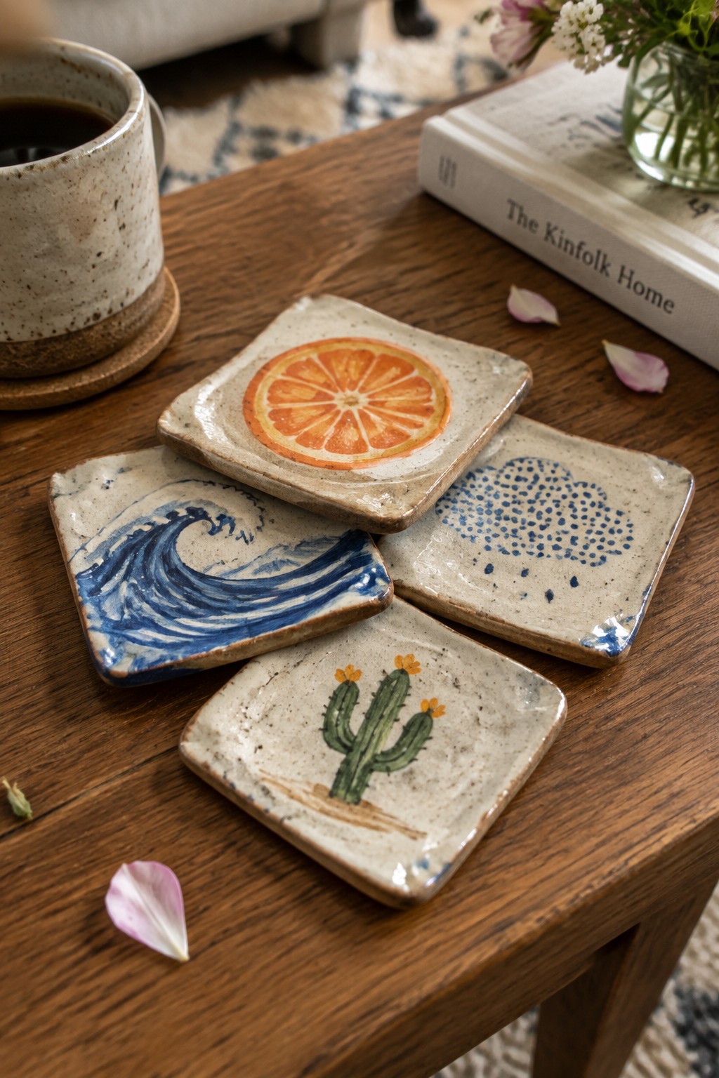 Four ceramic coasters with orange, wave, cactus, and dotted designs on wooden table
