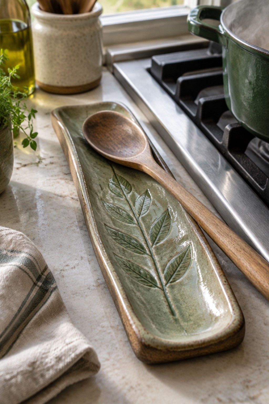 Green ceramic leaf-embossed tray holding wooden spoon on marble kitchen counter