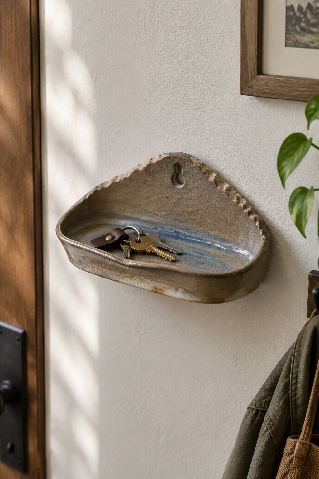Rustic ceramic wall dish holding keys beside wooden door and hanging jacket