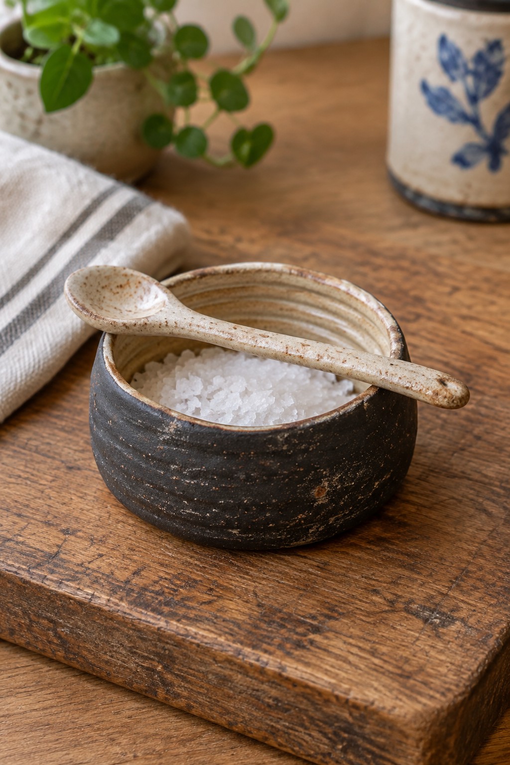 Dark ceramic bowl of white salt with spoon on wooden board