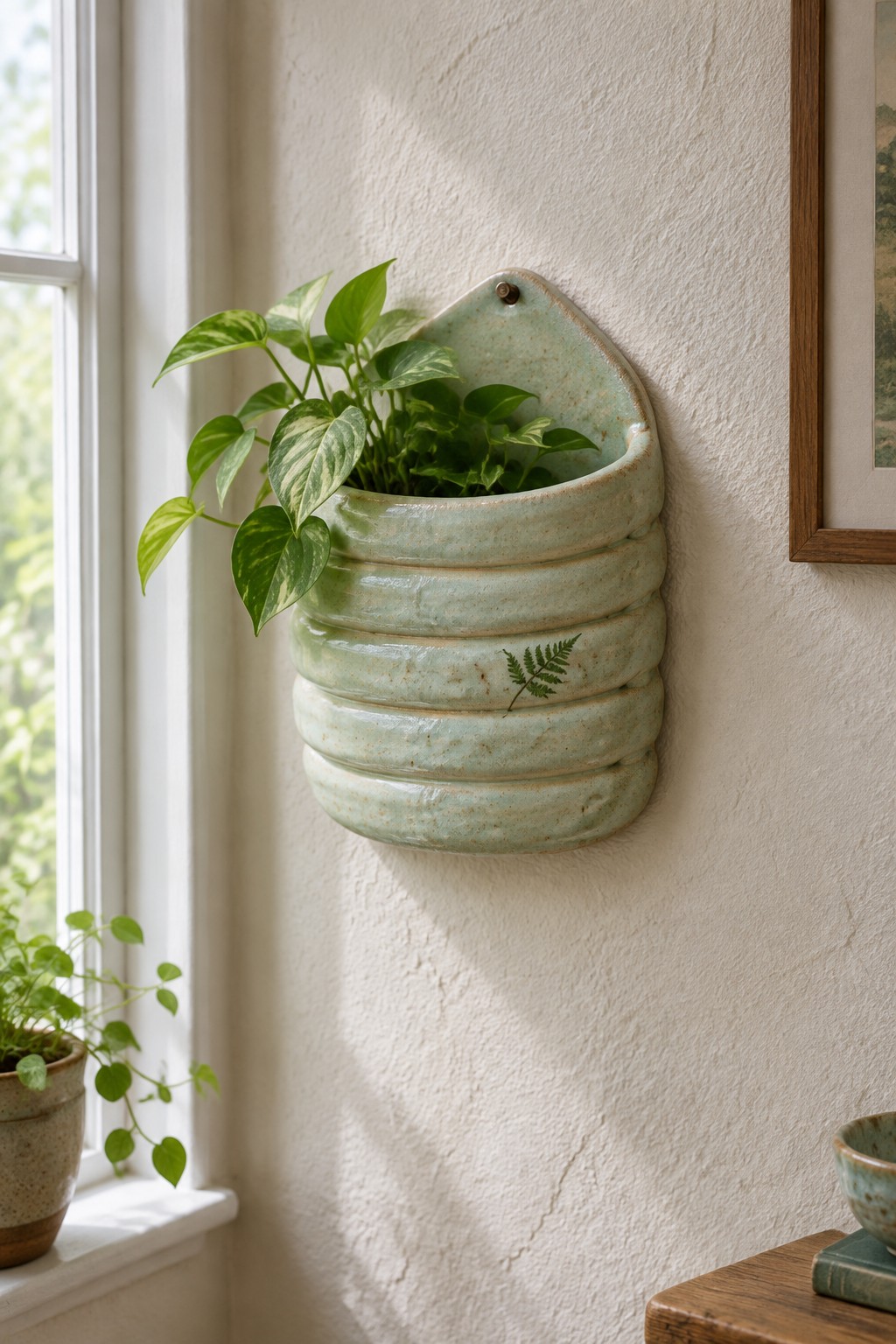 Light green ribbed ceramic wall planter with trailing variegated plant and fern decal