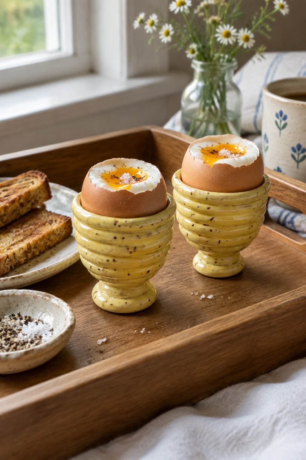 Two soft-boiled eggs in yellow cups on wooden tray with toast and daisies