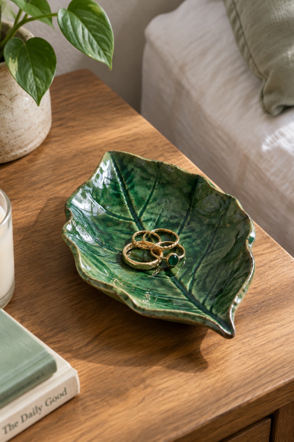 Green leaf-shaped ceramic dish holding gold rings on wooden table with plant and book