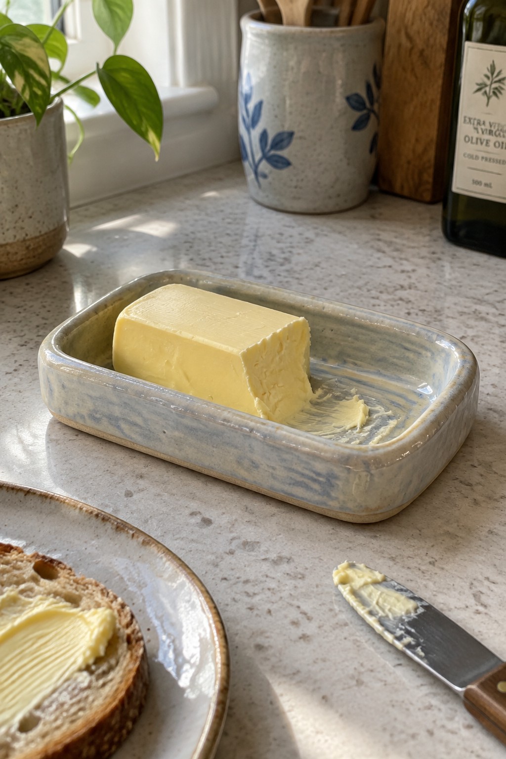 A rectangular handmade ceramic butter dish with a streaked blue-gray glaze holds a block of butter on a kitchen counter beside a plate of bread and a butter knife.