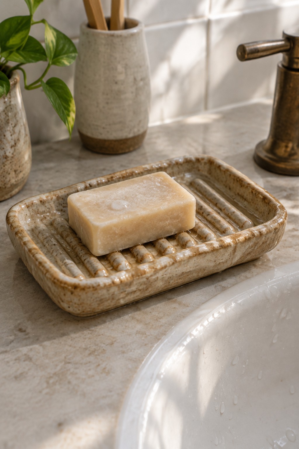 Beige soap bar on a ridged speckled ceramic dish atop a marble sink