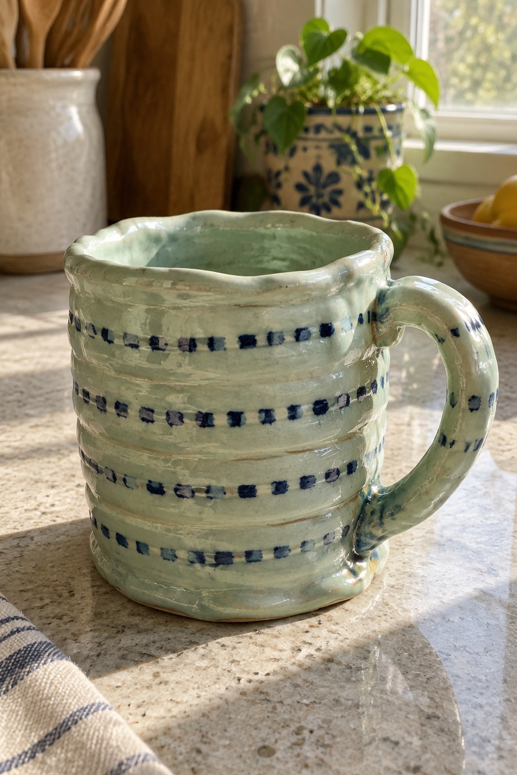 Light green ridged ceramic mug with blue dots on speckled kitchen counter
