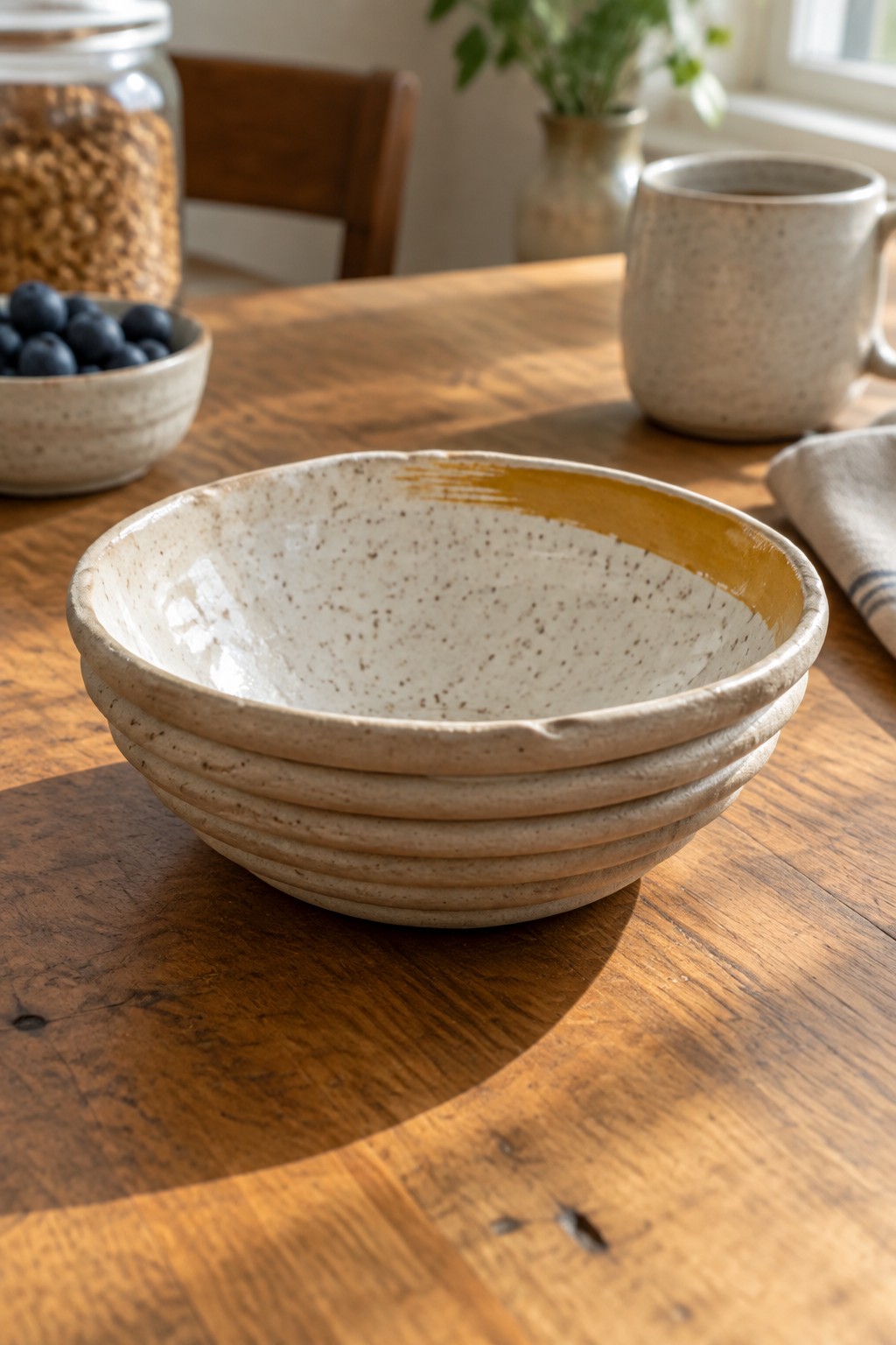 Rustic speckled ceramic bowl on wooden table with blueberries and stoneware mug
