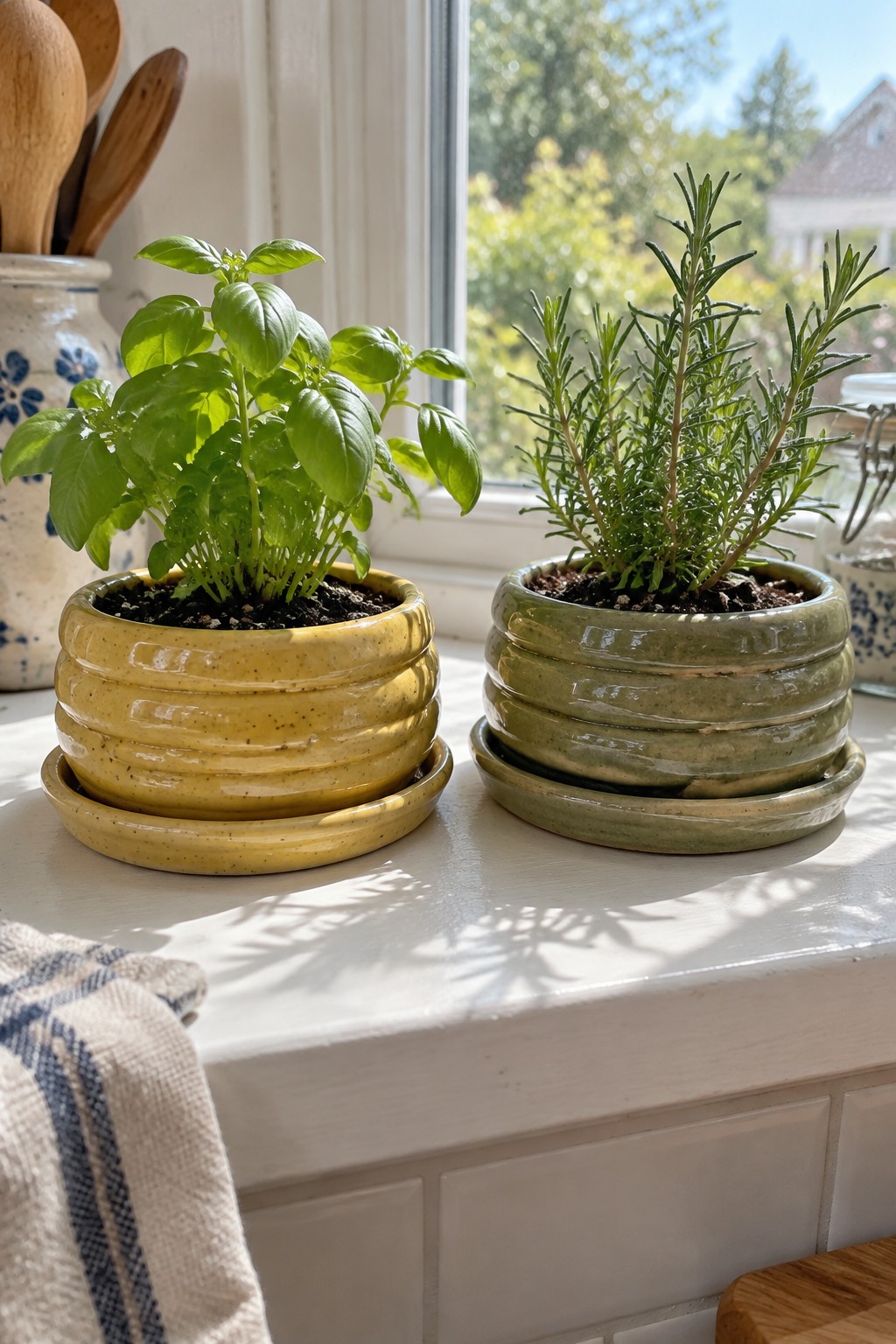 Basil in yellow pot and rosemary in green pot on sunny windowsill