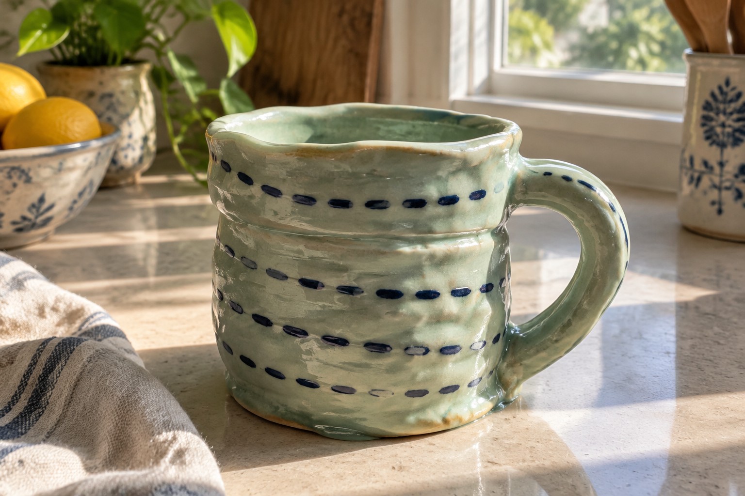 Light green ridged ceramic mug with blue dots on speckled kitchen counter