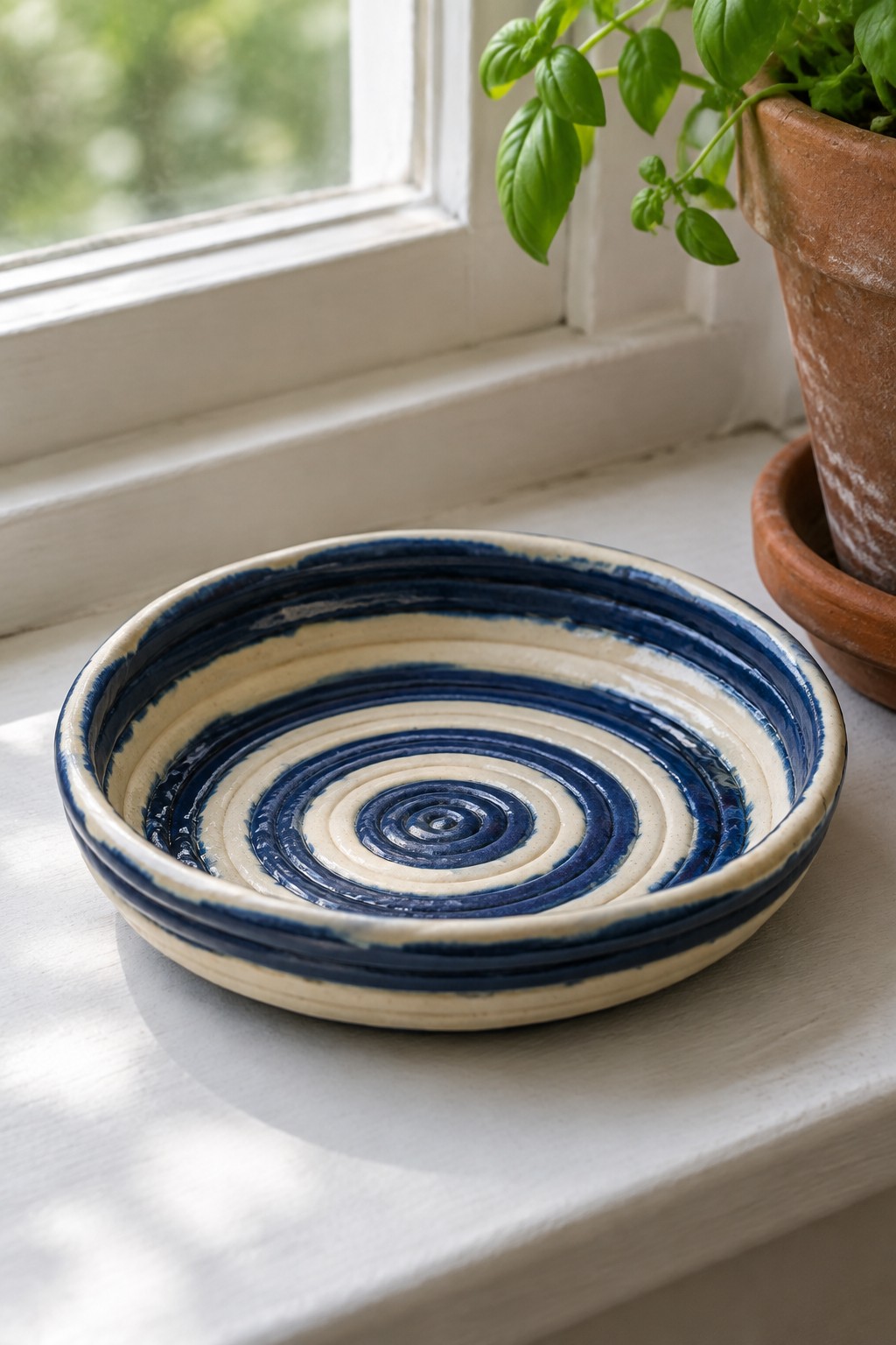 Blue and white spiral ceramic bowl on windowsill beside potted basil plant