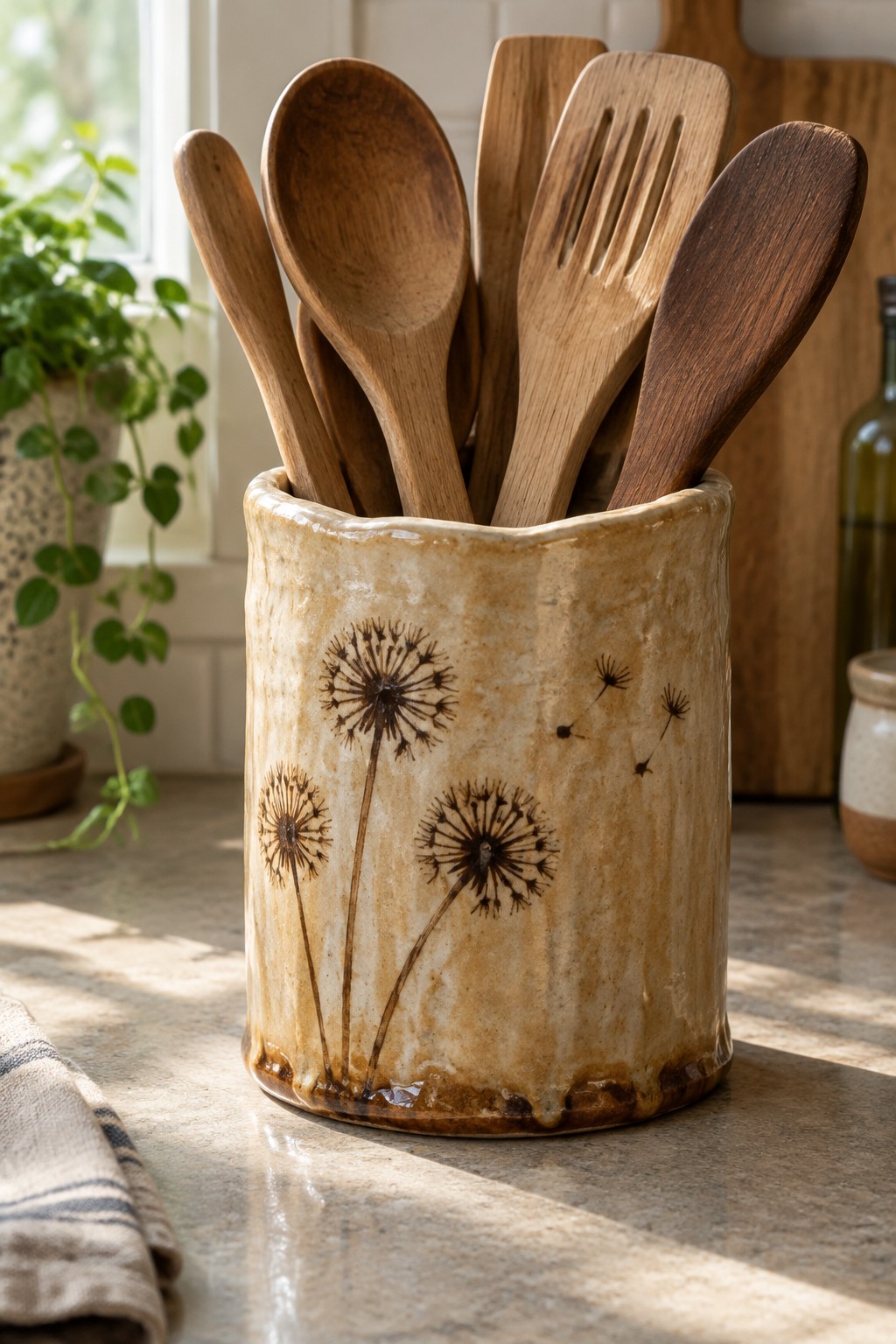 Ceramic crock with dandelion prints holding wooden spoons on sunlit counter