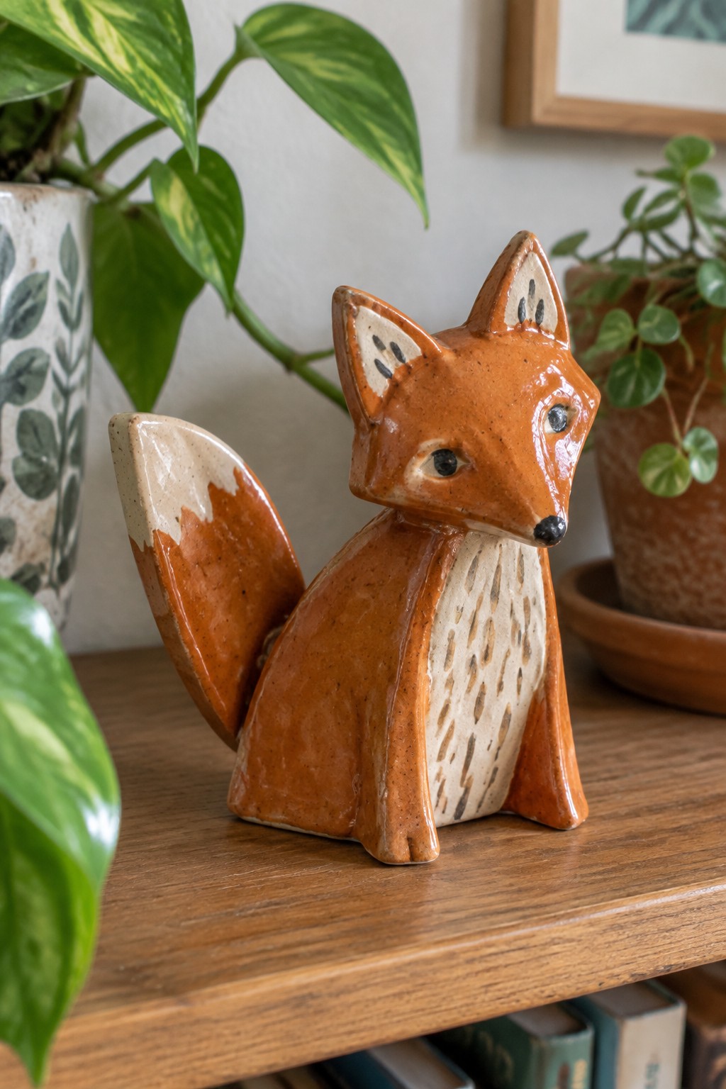 Ceramic fox figurine with orange fur and cream accents on wooden shelf