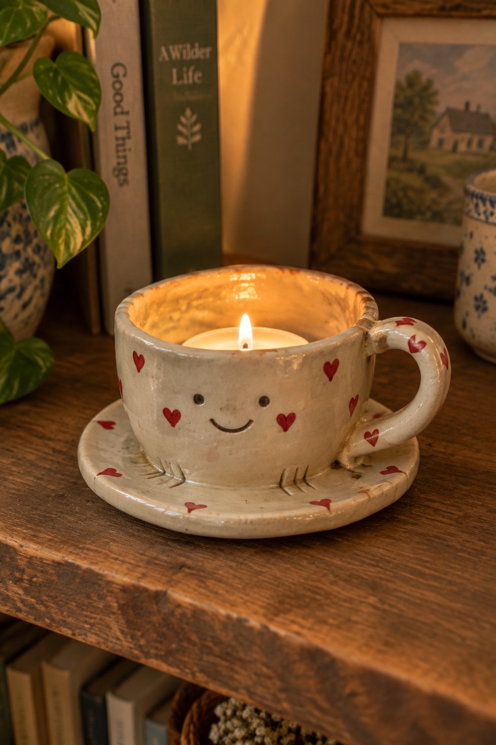 Lit candle in smiling ceramic teacup with red hearts on wooden shelf