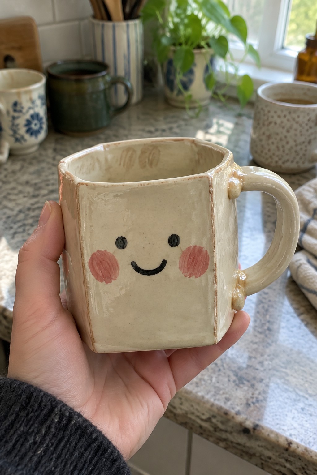 Hand holding a square beige ceramic mug with a smiling face and pink cheeks