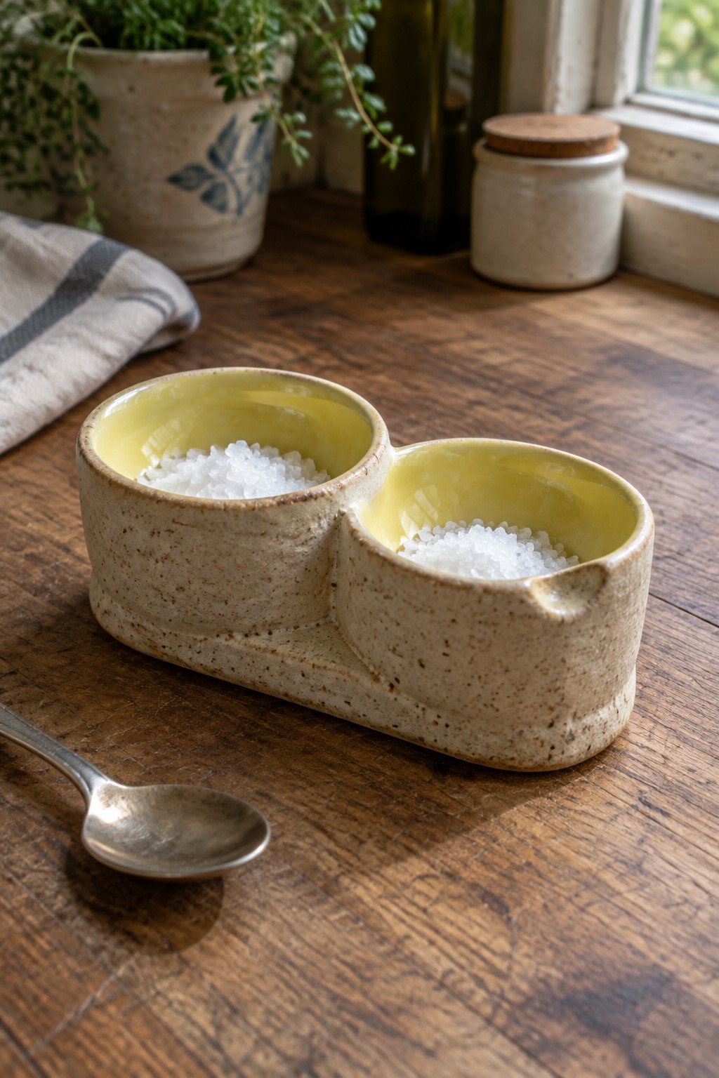Speckled beige double bowl with yellow interior holding white salt beside spoon on wood table
