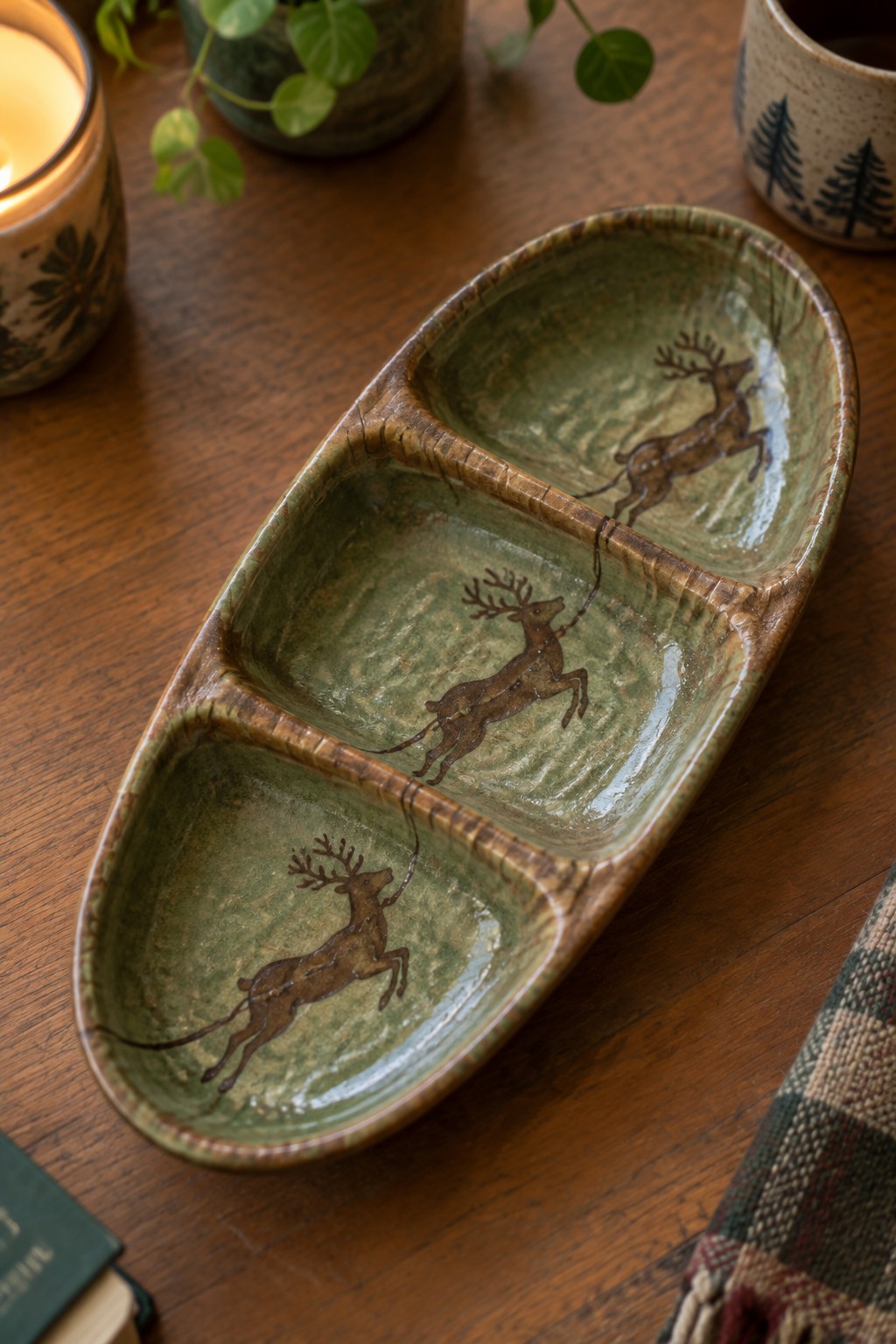 Green ceramic divided dish with three leaping deer motifs on wooden table