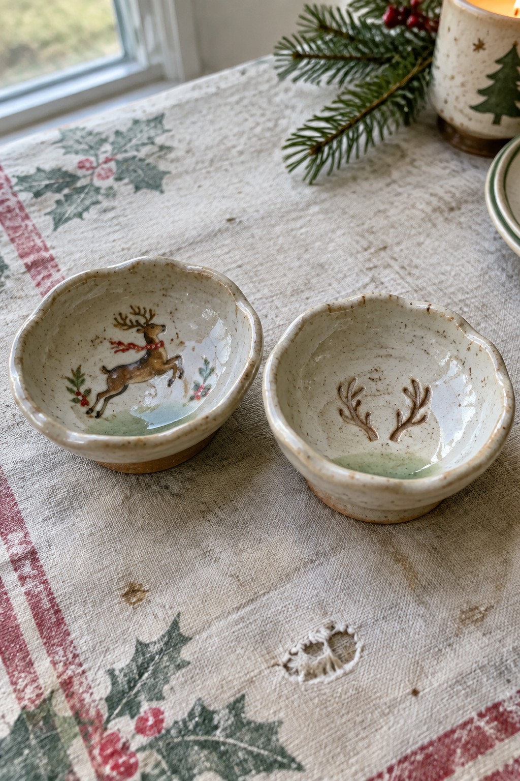 Two rustic ceramic bowls with reindeer and antler designs on a holly tablecloth.