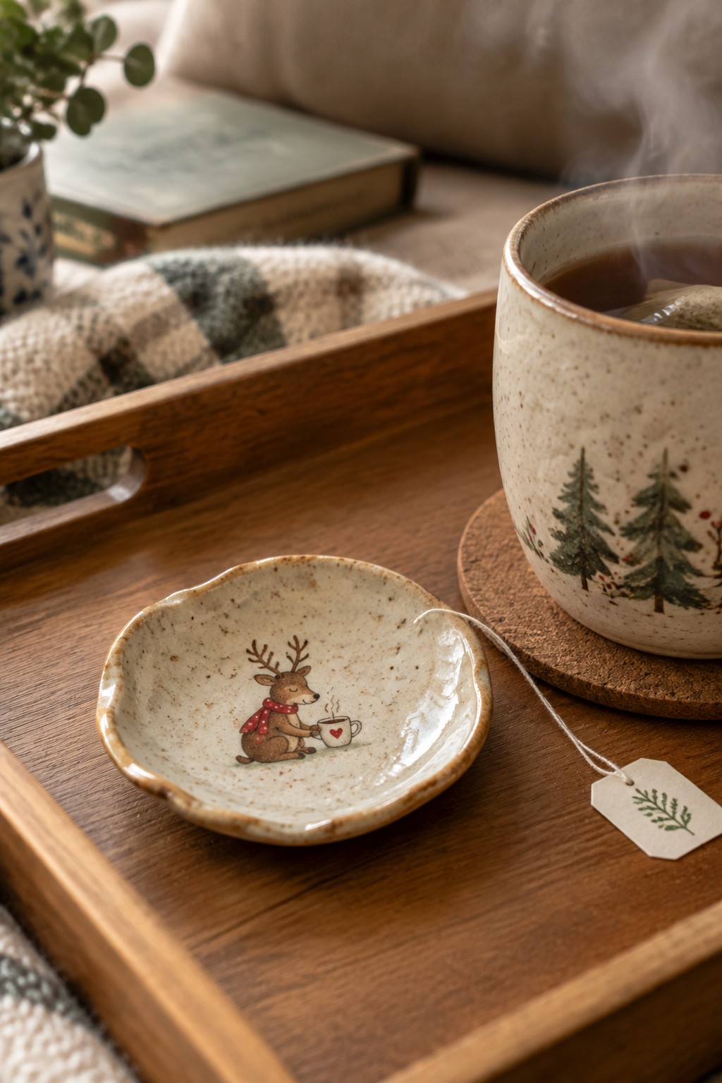 Ceramic deer dish beside steaming pine-tree mug on wooden tray with tea tag