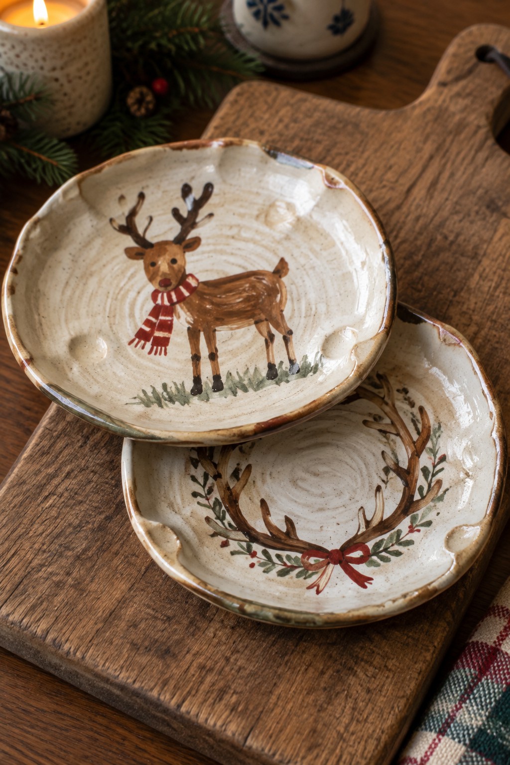 Stacked hand-painted ceramic bowls with reindeer and antlers on wooden board amid pine branches