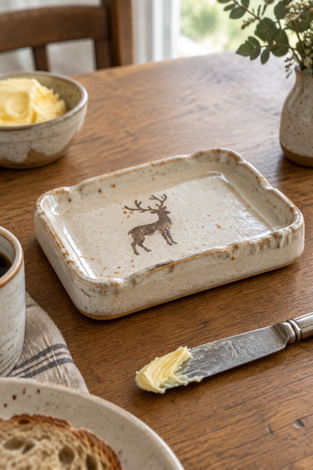 Ceramic tray with deer print beside butter bowl and knife on wooden table