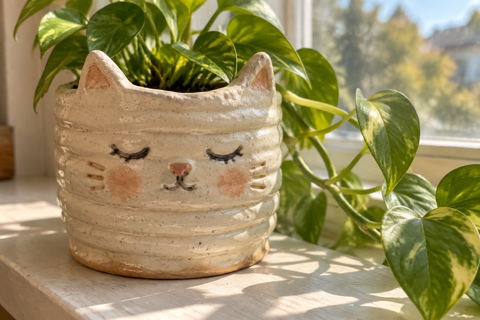 Ceramic cat-shaped planter with closed eyes holding a green variegated plant on a windowsill