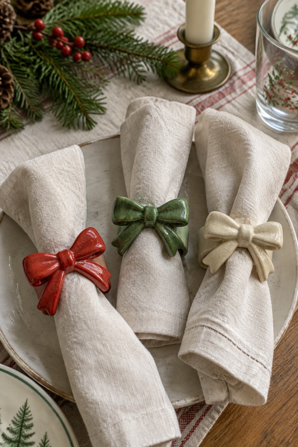 Three rolled linen napkins with red, green, and beige ceramic bow rings on plates.