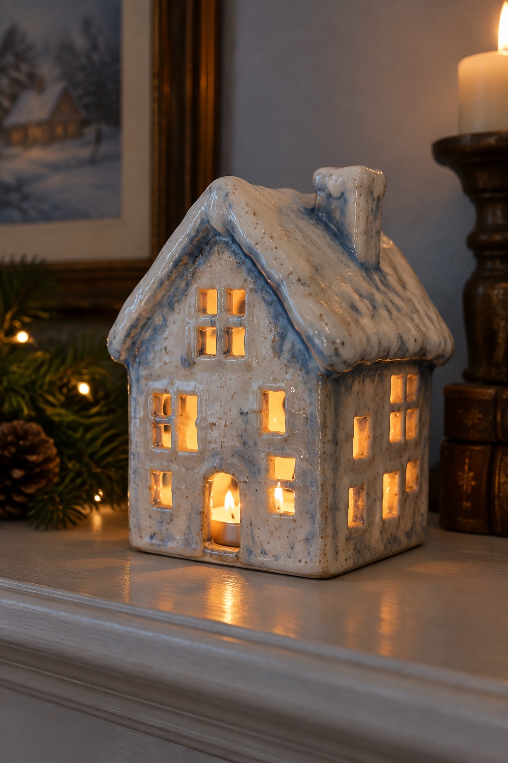 Ceramic house lantern with glowing windows on a winter mantel beside a lit candle.
