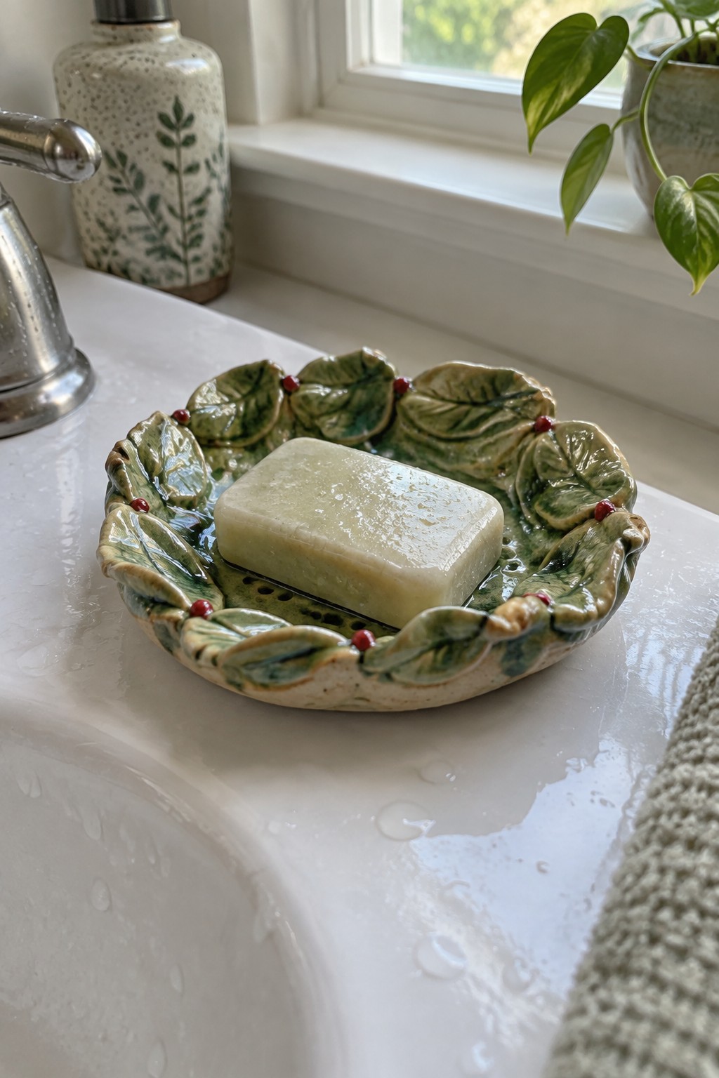 A ceramic soap dish molded as a wreath with green leaves and red berries sits on a white bathroom sink holding a bar of soap.