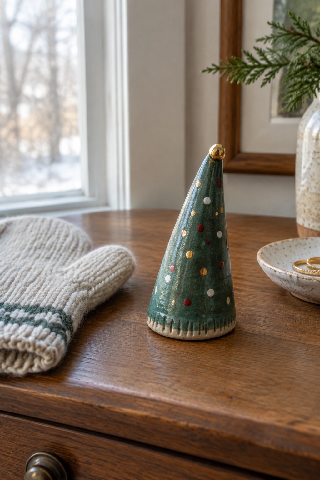 Green ceramic Christmas tree with colorful dots beside white knit mitten on wood