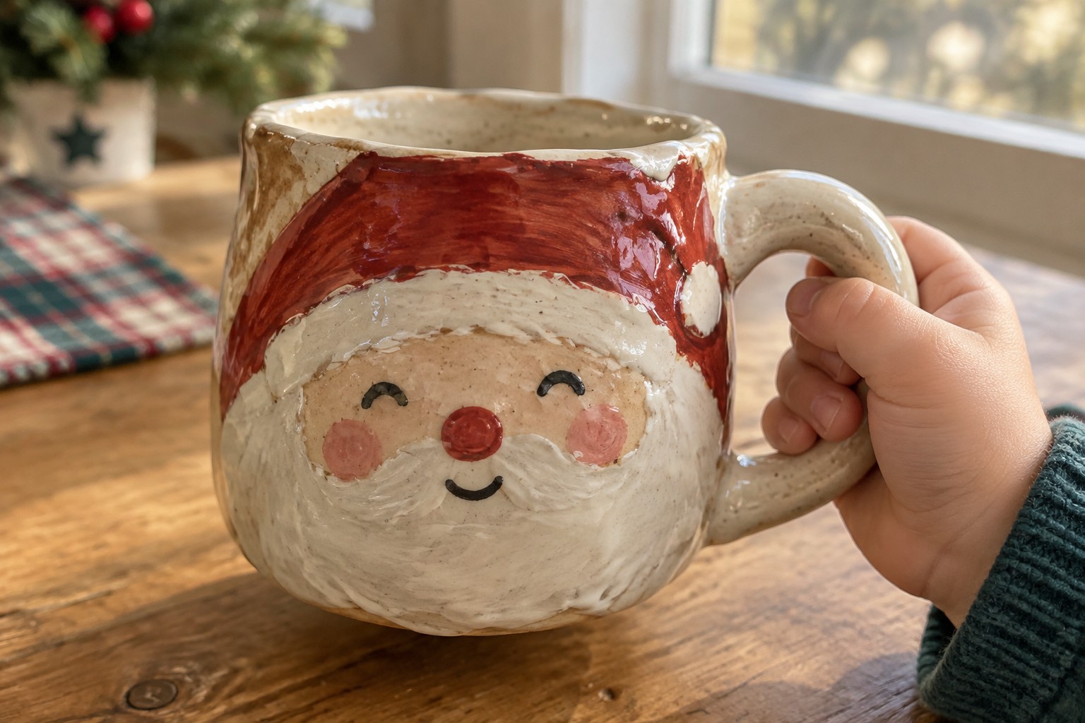 Hand holding red Santa Claus ceramic mug on sunlit wooden table by window