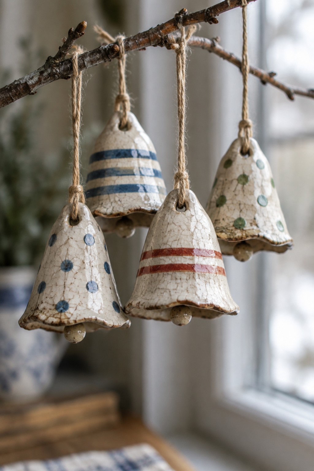 Four crackled ceramic bells with blue, red, and green patterns hanging from a branch.
