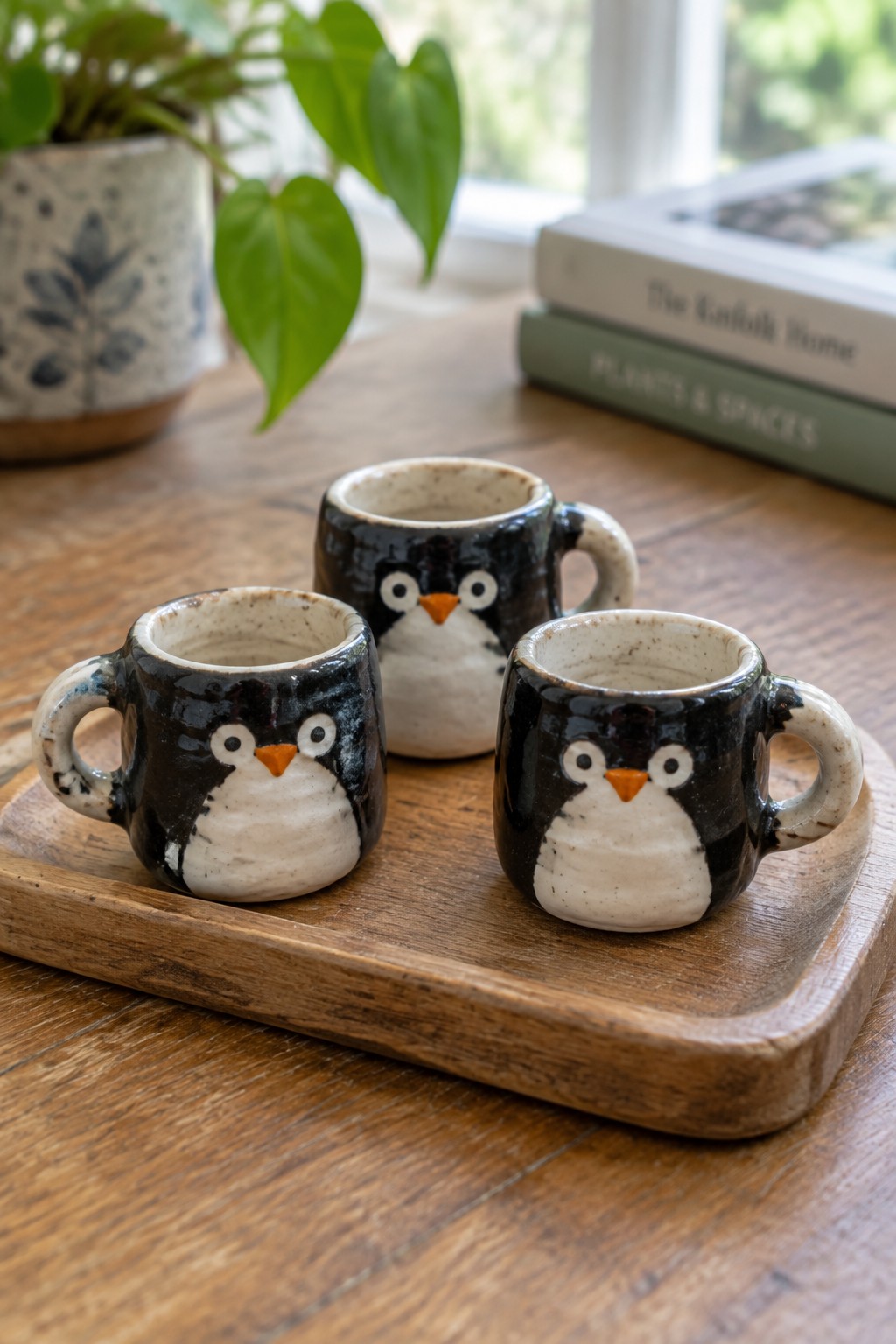 Three penguin mugs on wooden tray with plant and books in background.