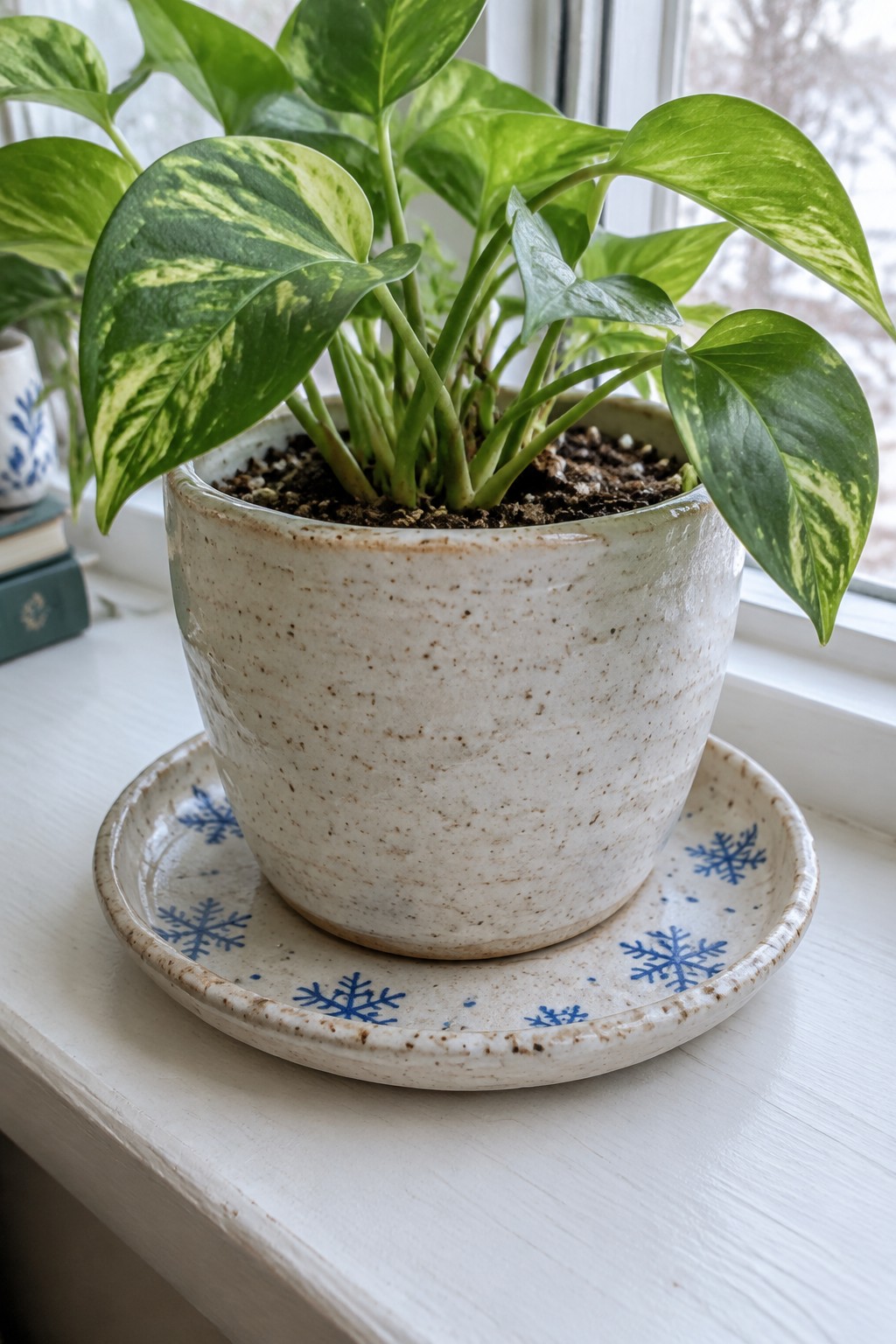Variegated green pothos in speckled pot on blue snowflake saucer by window